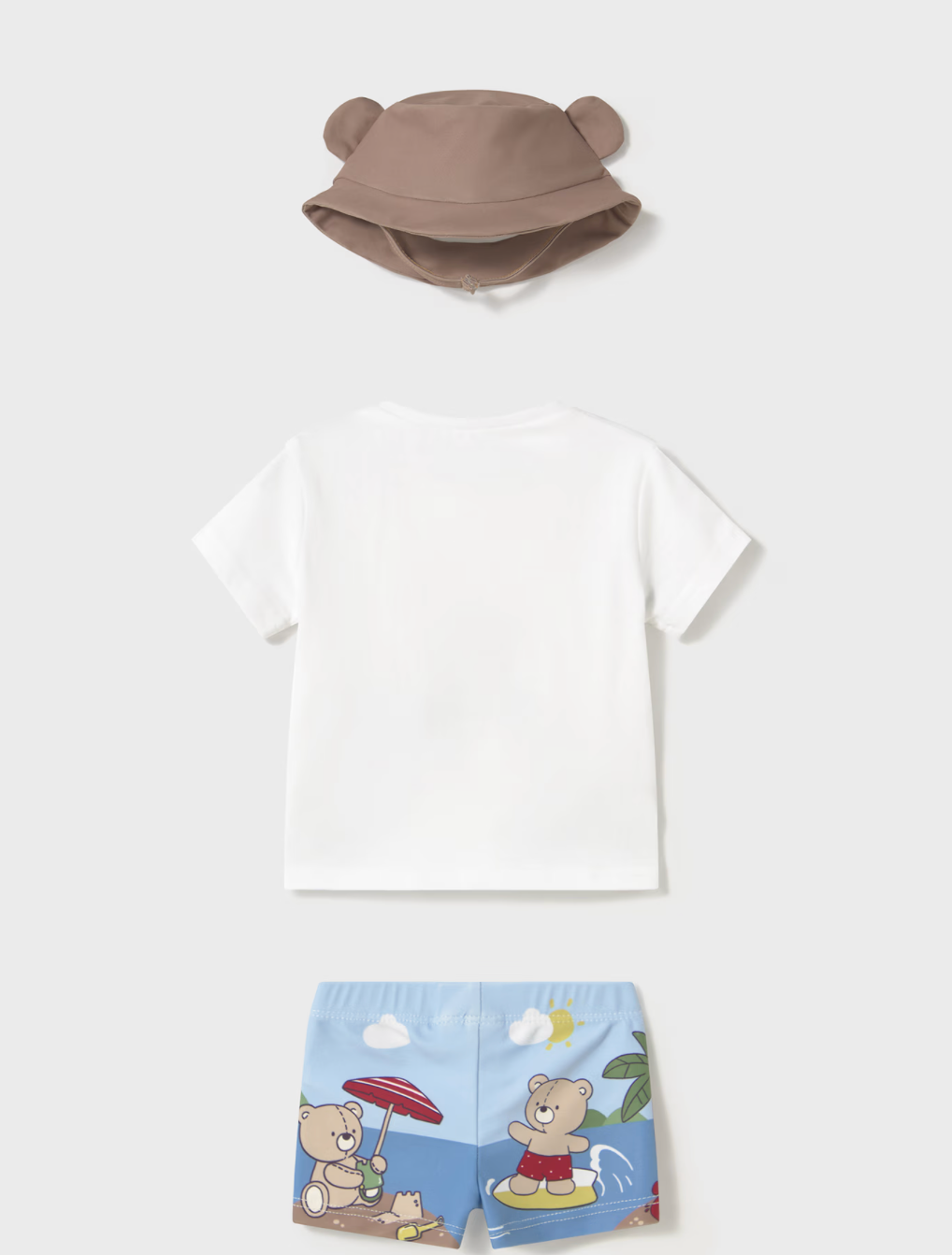 Layout of the back of the 3-piece baby swim set with bears.