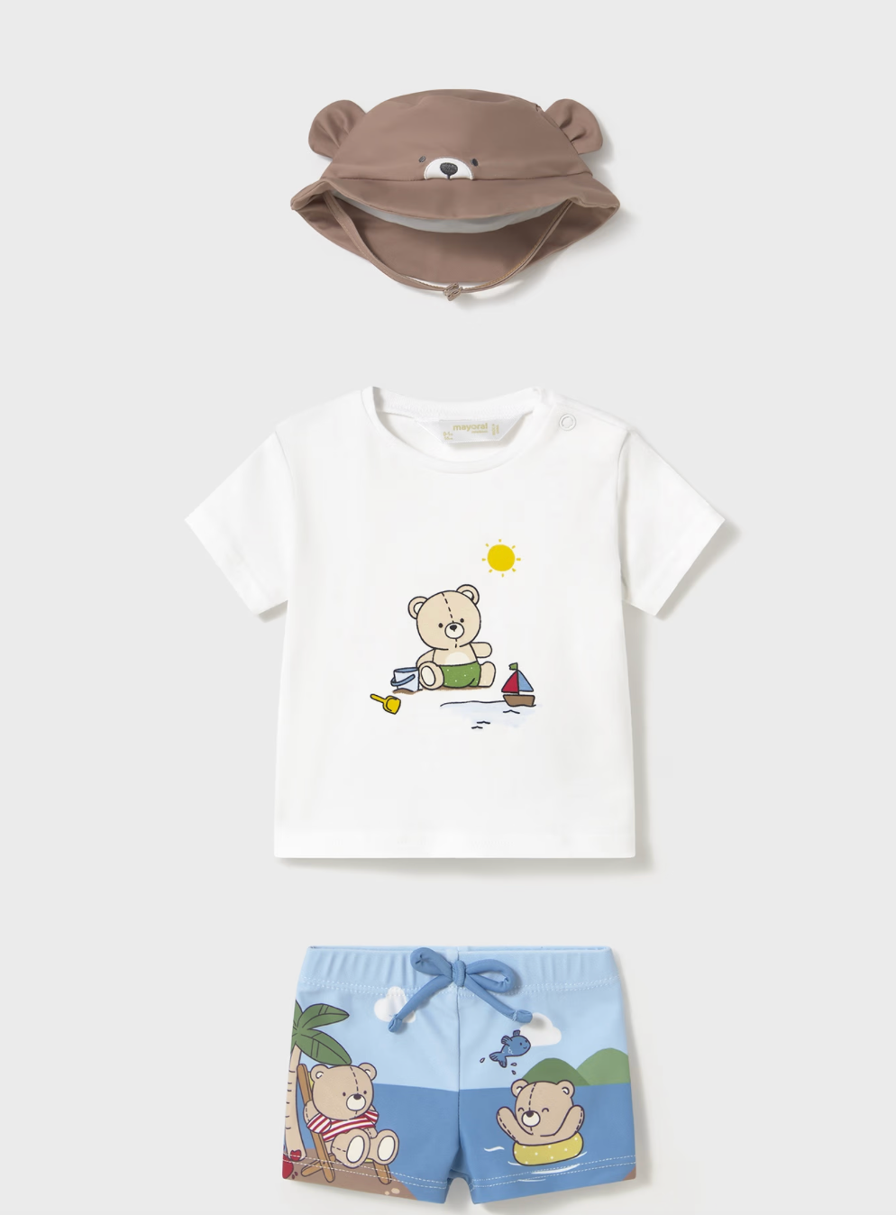 Layout of 3-piece baby swim set with bear print.