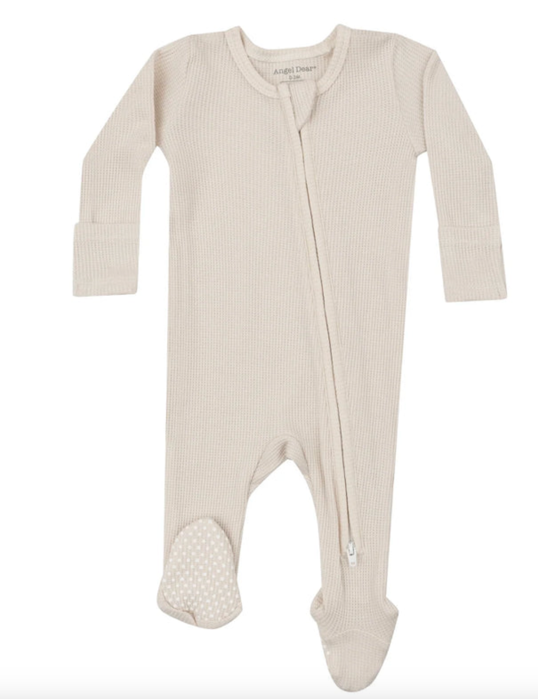 Angel Dear beige colored 2 way zippered footie for babies made of bamboo, cotton, and spandex with silicone dots on the foot.