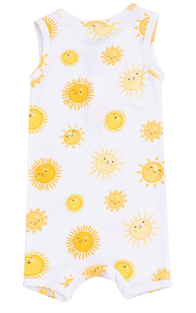 White sleeveless romper with yellow sun patterns on a white background