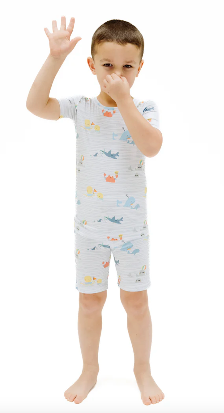 Angel Dear Loungewear shorts in sea stripes on model