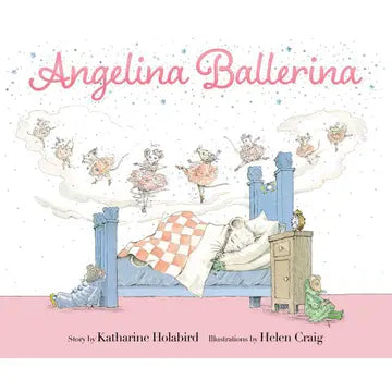 Book cover of 'Angelina Ballerina' with illustrations of a girl in a bed and fairies.