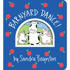 Book cover of 'Barnyard Dance!' by Sandra Boynton with cartoon animals and red apples on a blue background.