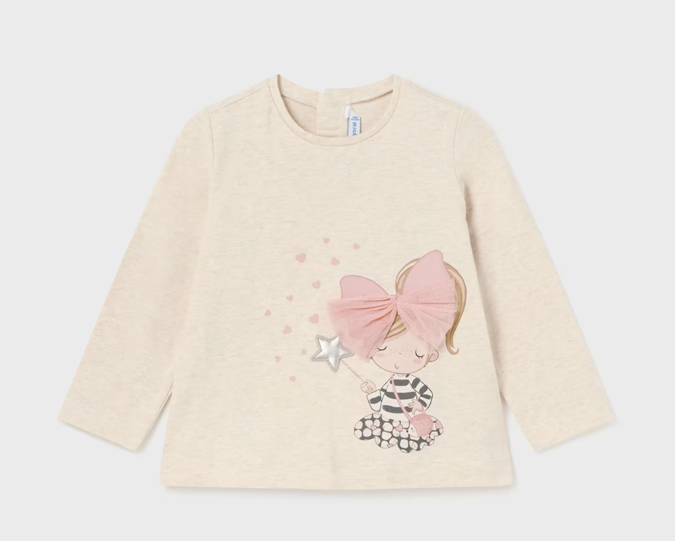 A beige long-sleeved t-shirt with pink applique in the form of a character and stars, suitable for babies.