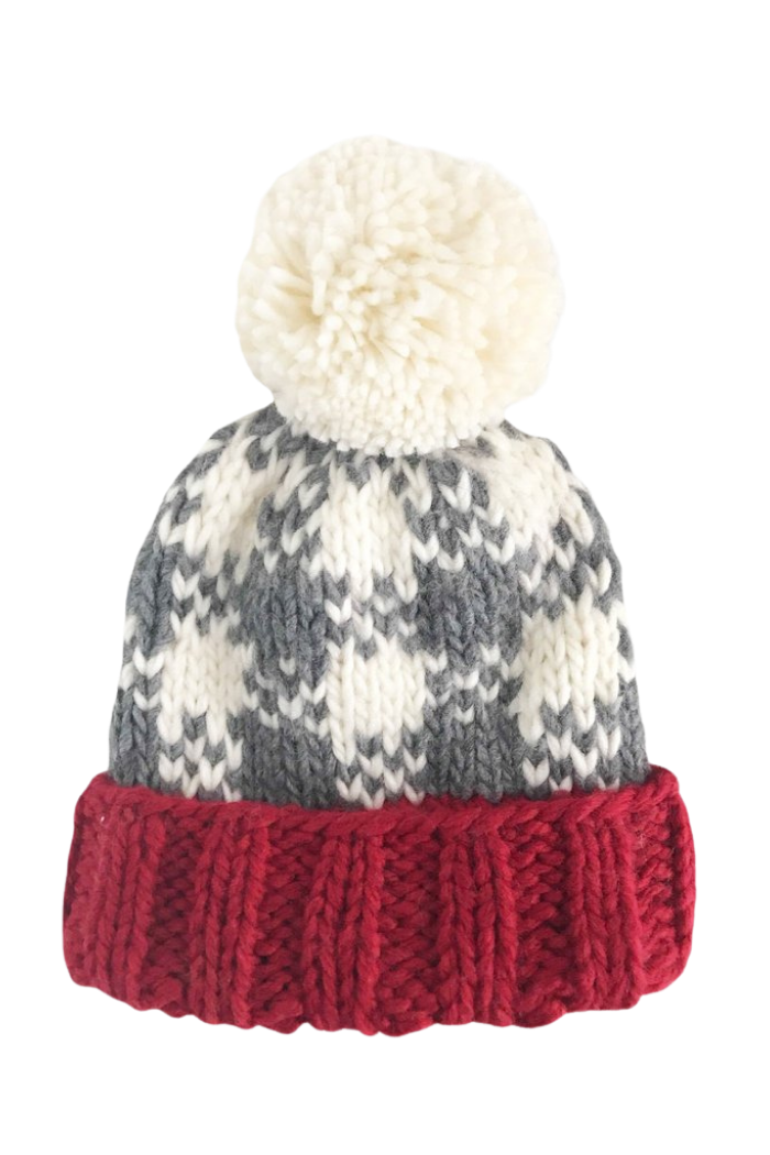 A baby Blueberry Hill beanie with a buffalo check pattern in cream, gray, and red colors with a soft brim.