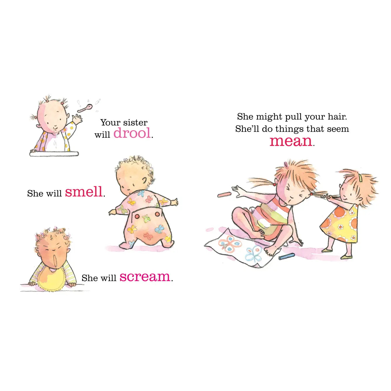 Illustration of babies and text about a new baby sister on a white background