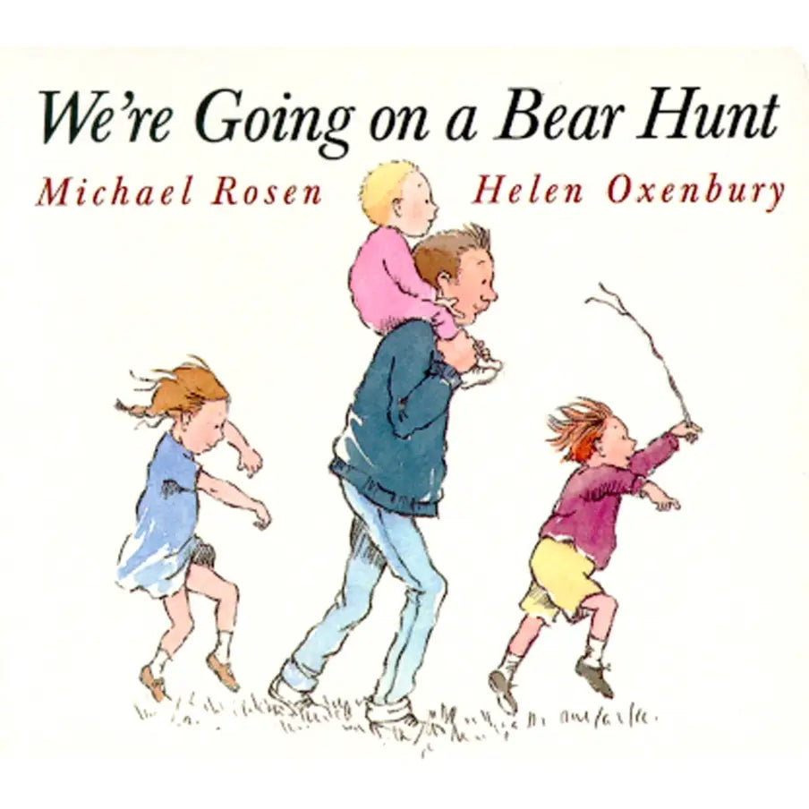 Book cover of 'We're Going on a Bear Hunt' with illustrations of children running.