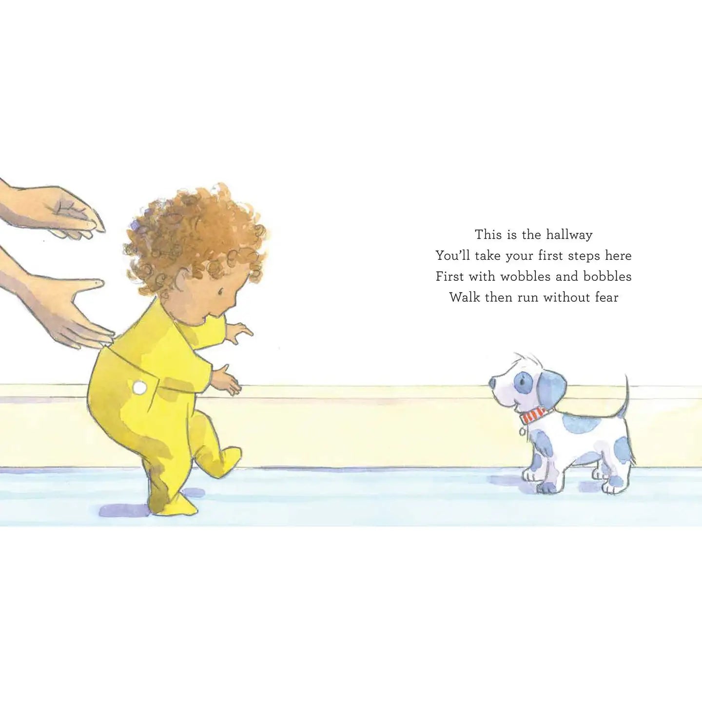 Illustration of a child in a yellow raincoat walking with a dog in a hallway, accompanied by text.