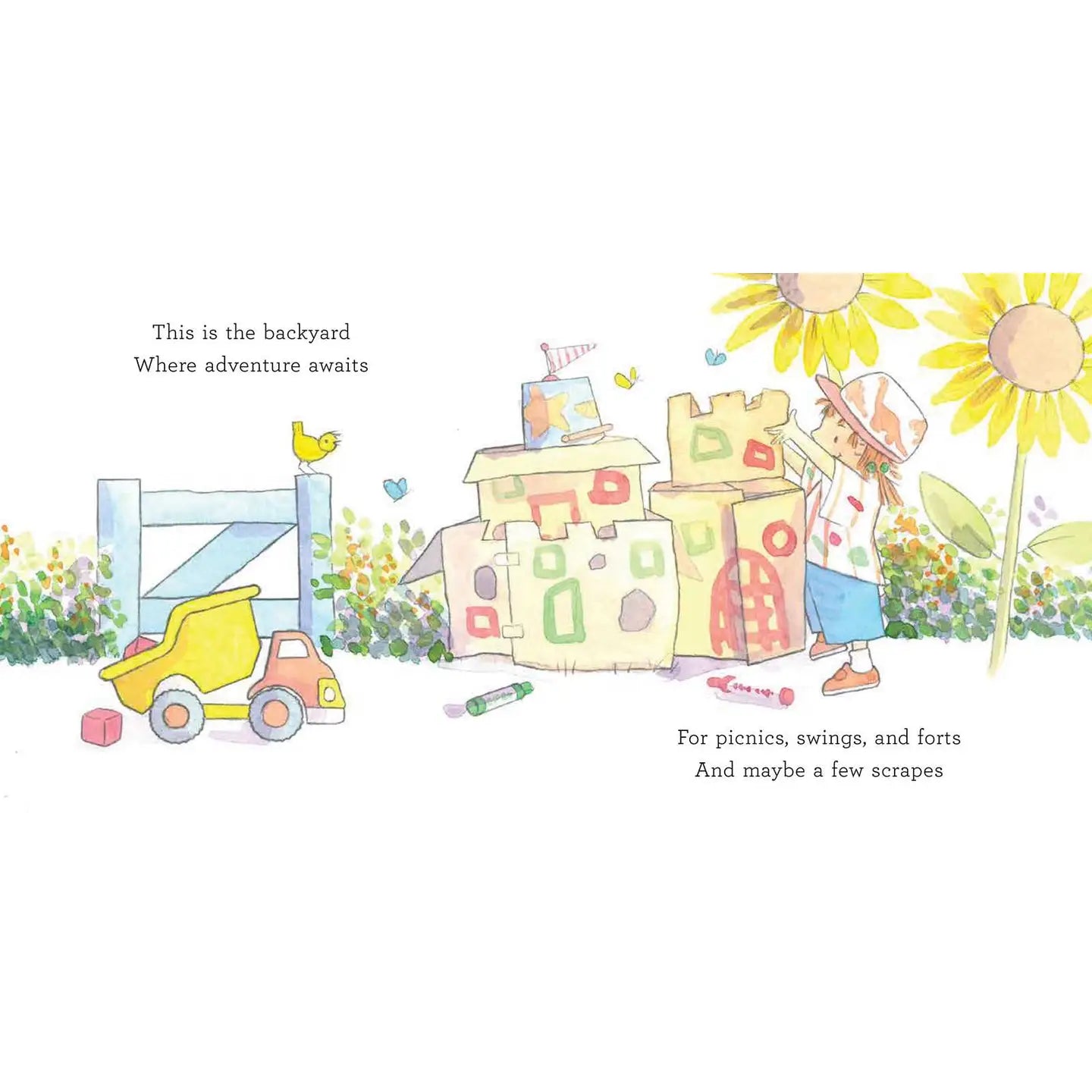 Illustration of a child playing with toy blocks in a backyard with flowers and toys.