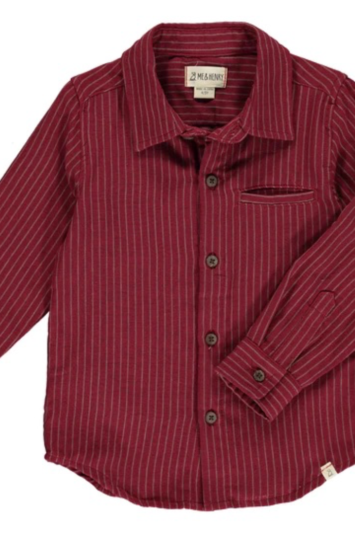 A burgundy and white striped woven shirt for boys with a collar and buttons down the front.