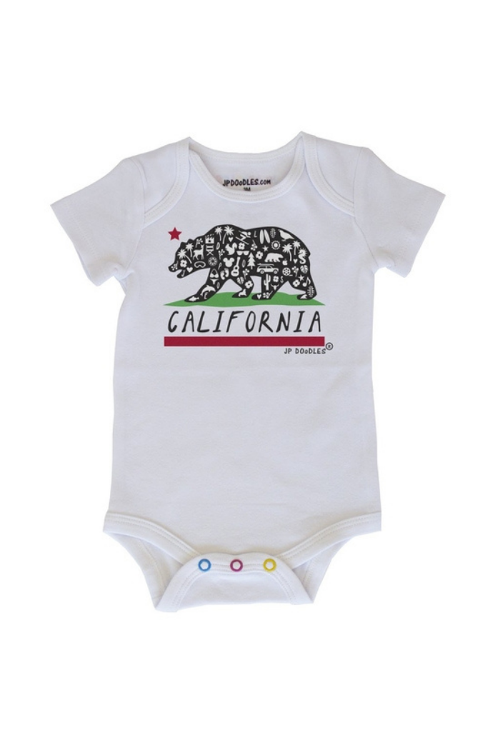 White JP Doodles bodysuit with a California flag design and the text 'CALIFORNIA' printed on the front.