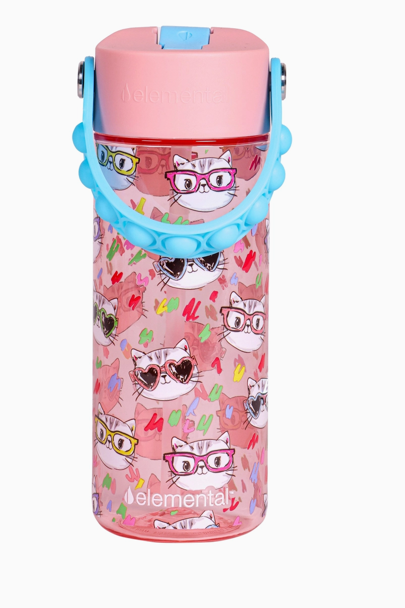 An 18 oz Elemental branded water bottle with a colorful cat pattern and a blue pop handle.