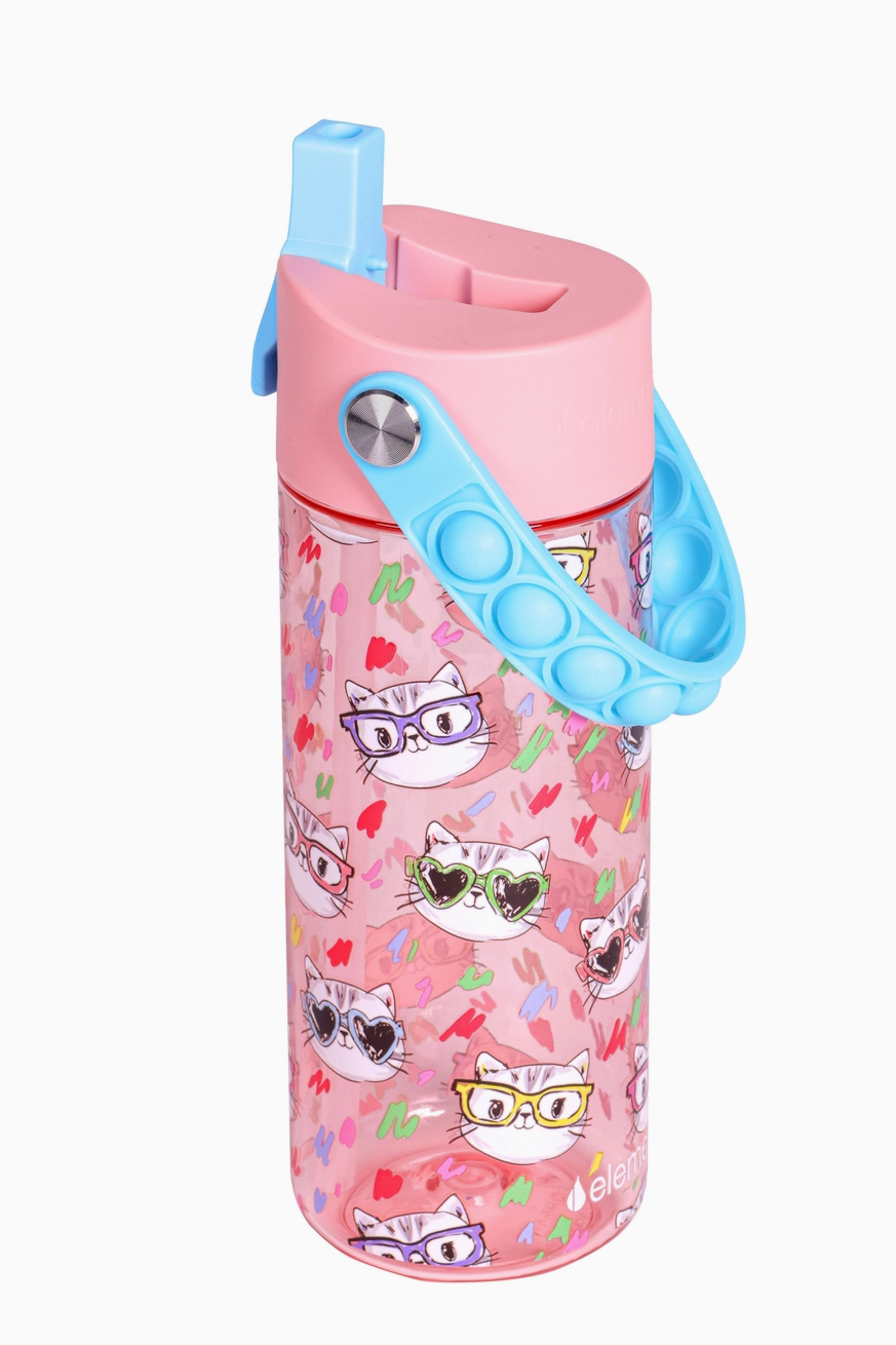 An 18 oz Elemental water bottle with a pink background and colorful cat print, and blue sipping straw
