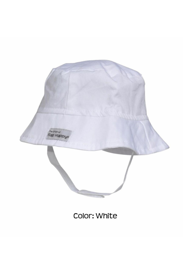 A Flap Happy white bucket sun hat with a chin strap.