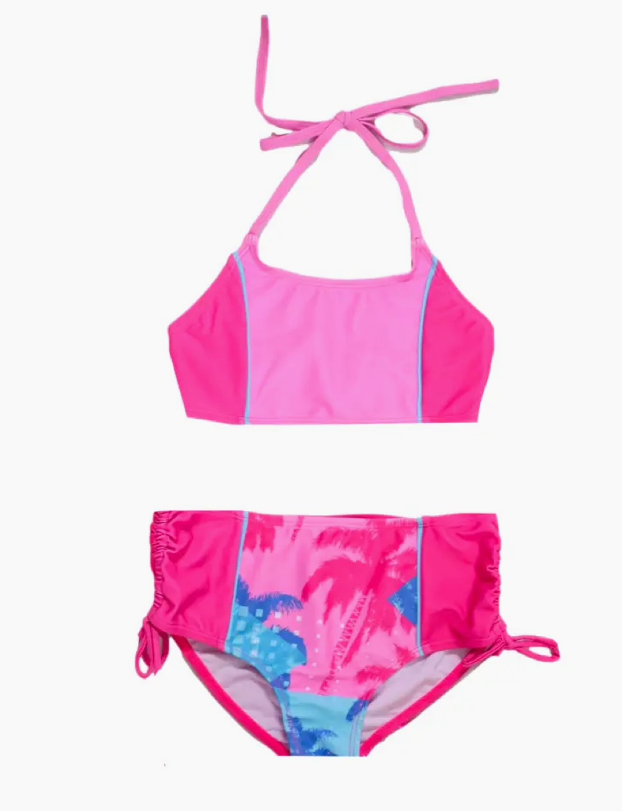 Pink and blue bikini set with floral pattern