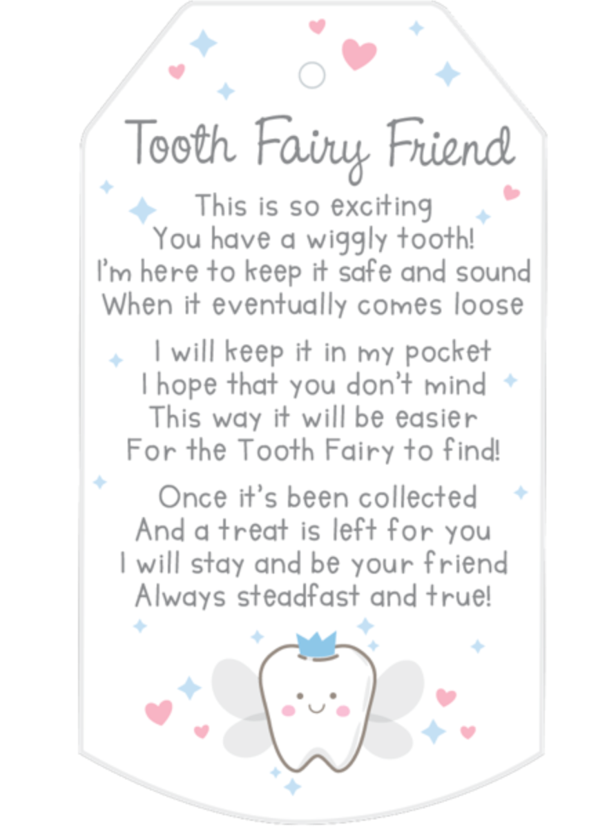 Card with a message for a 'Tooth Fairy Friend' featuring a tooth illustration and decorative elements.