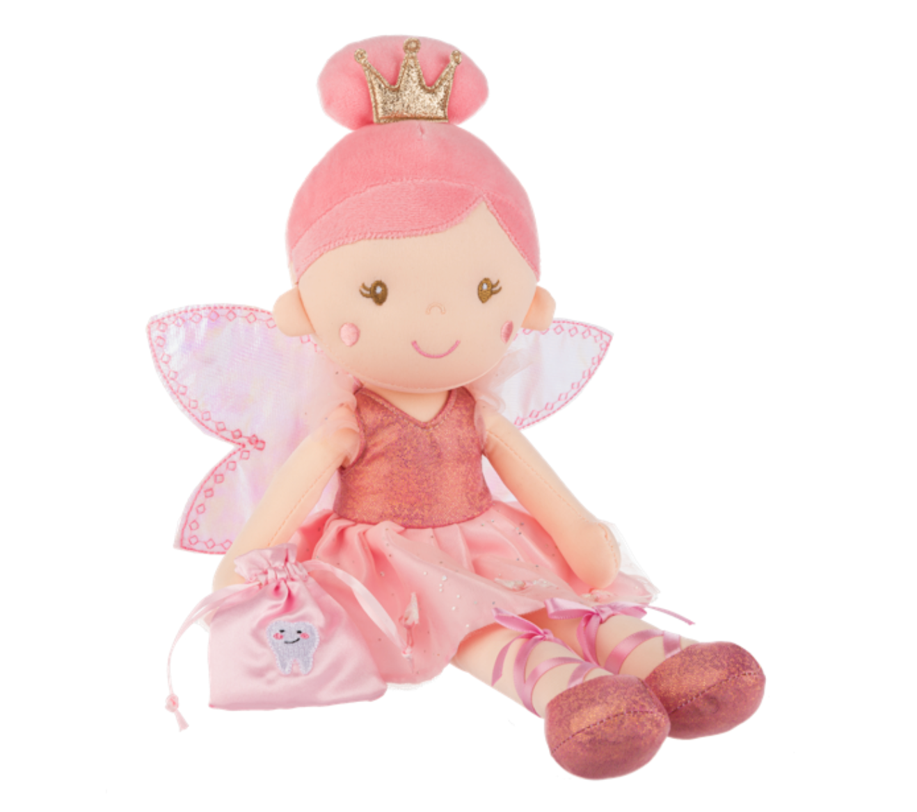 Ganz pink fairy doll with a crown, wings, and a bag on a white background