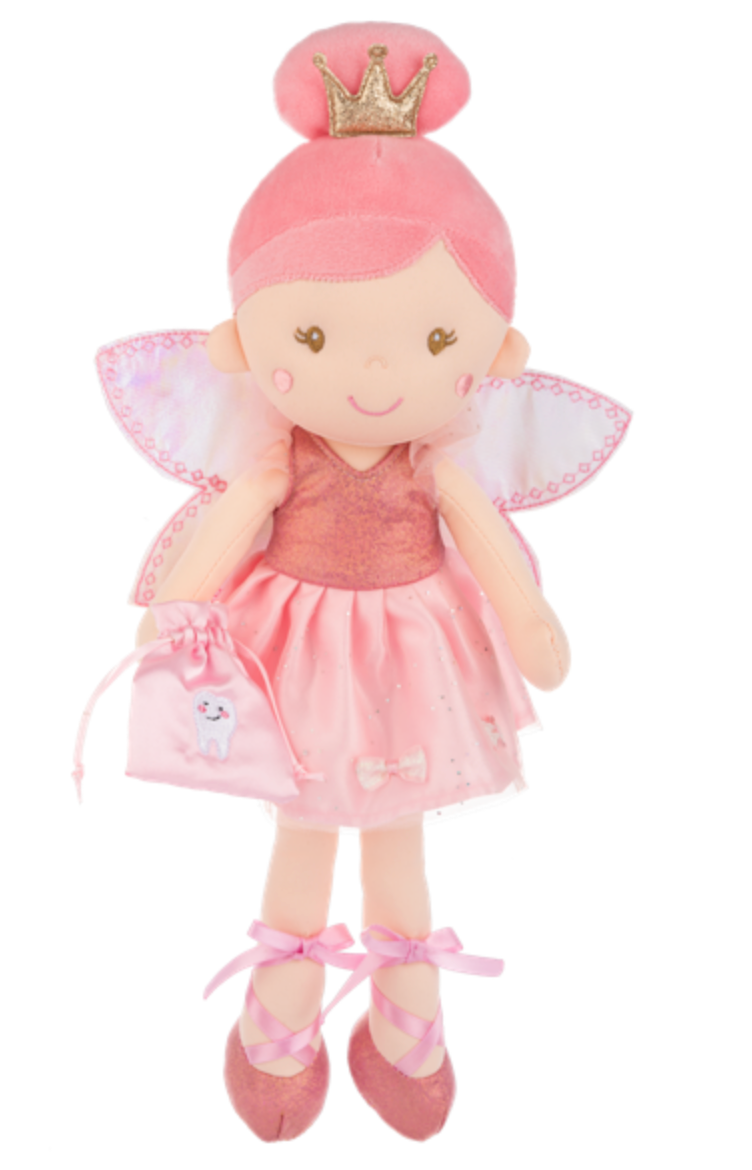 Ganz pink fairy doll with a crown, dress, and wings on a white background