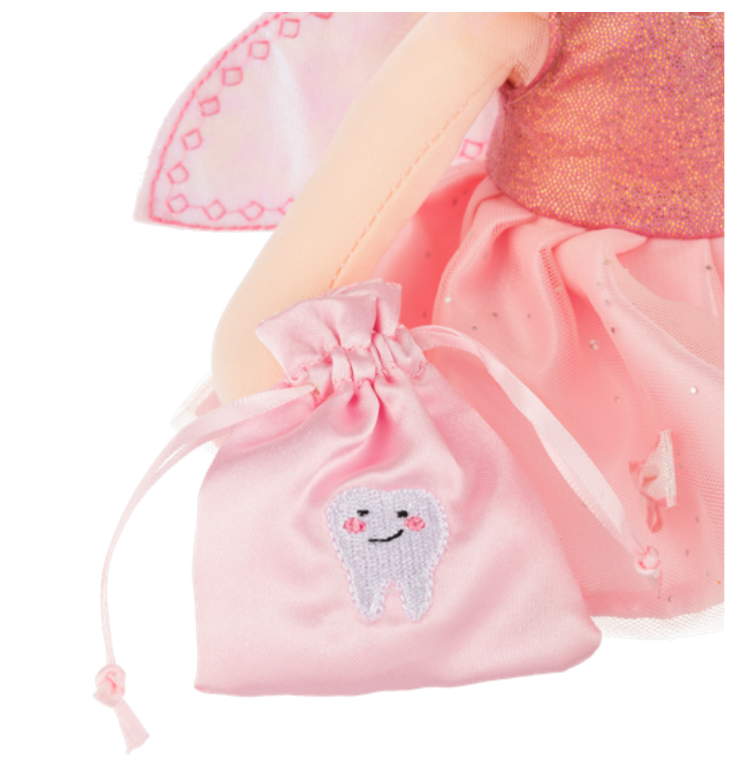 Ganz pink drawstring bag with a tooth design on a white background