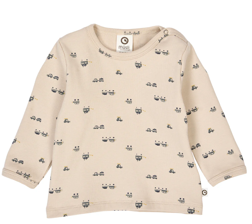 Green Cotton Group beige long-sleeve shirt with vehicle pattern on a white background