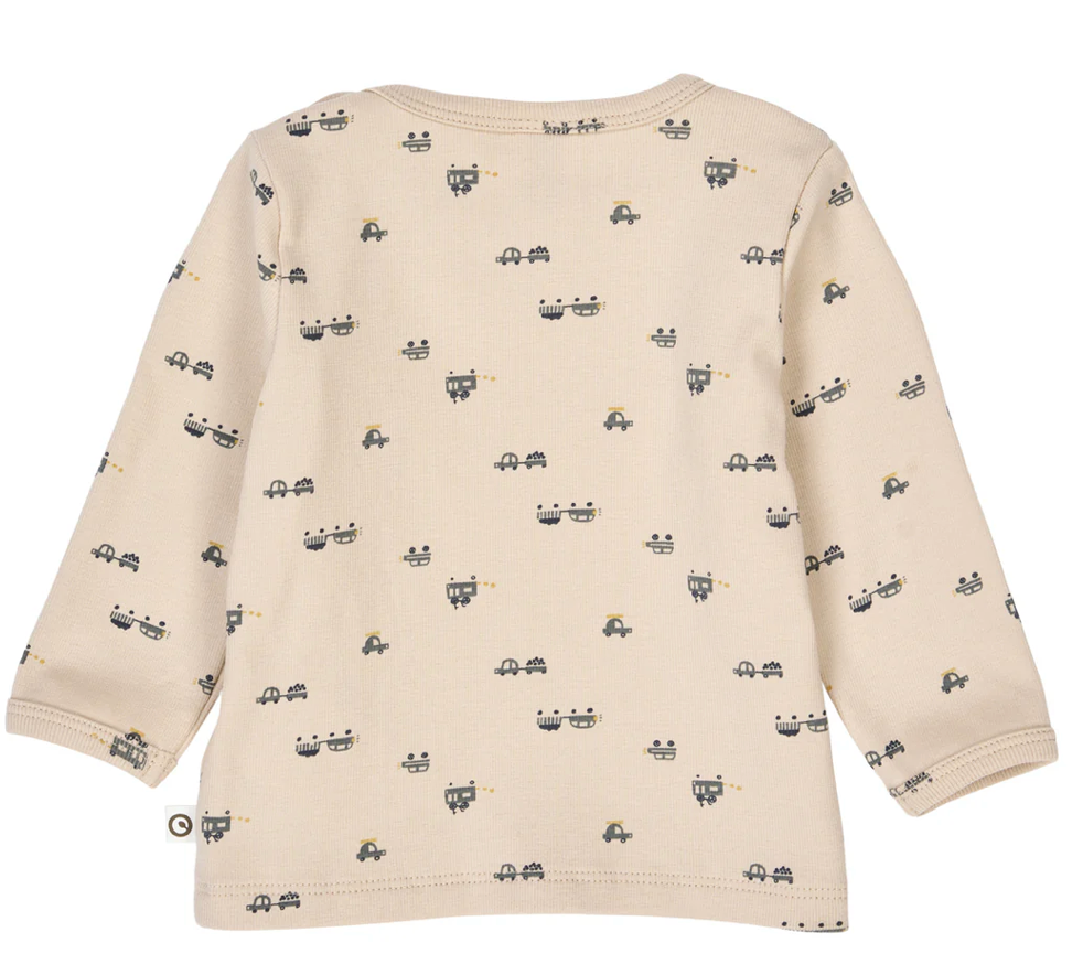 Backside view Green Cotton Group beige long-sleeve shirt with small pattern on a white background