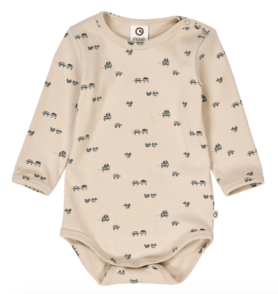 Green Cotton Group beige baby bodysuit with car pattern on a white background