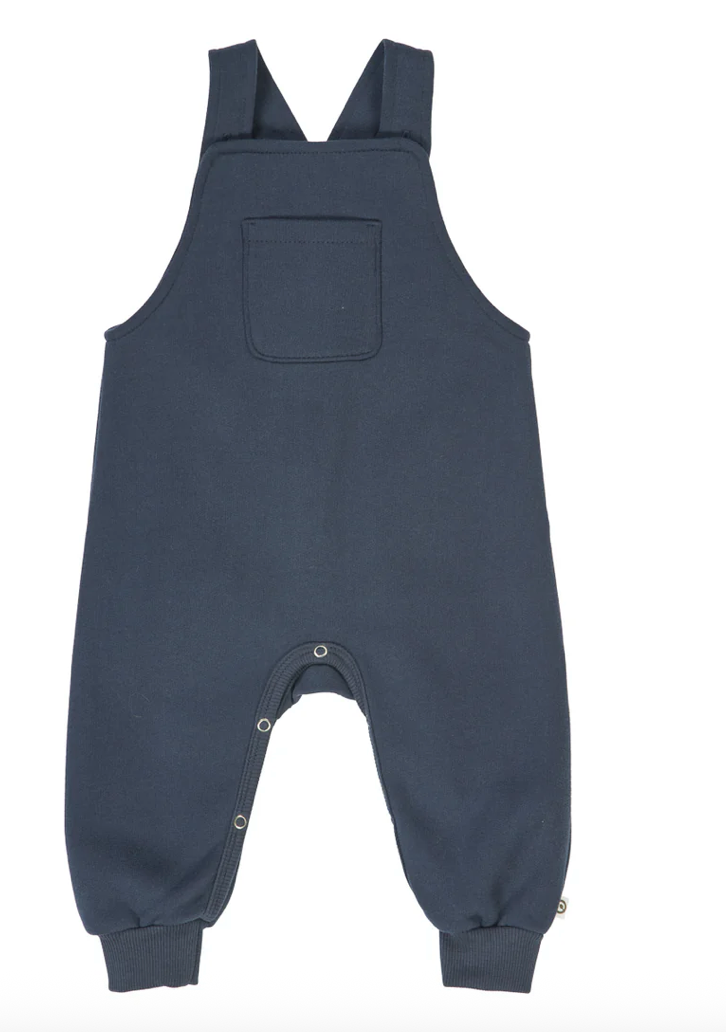 Green Cotton Group navy blue overalls with a pocket on a white background