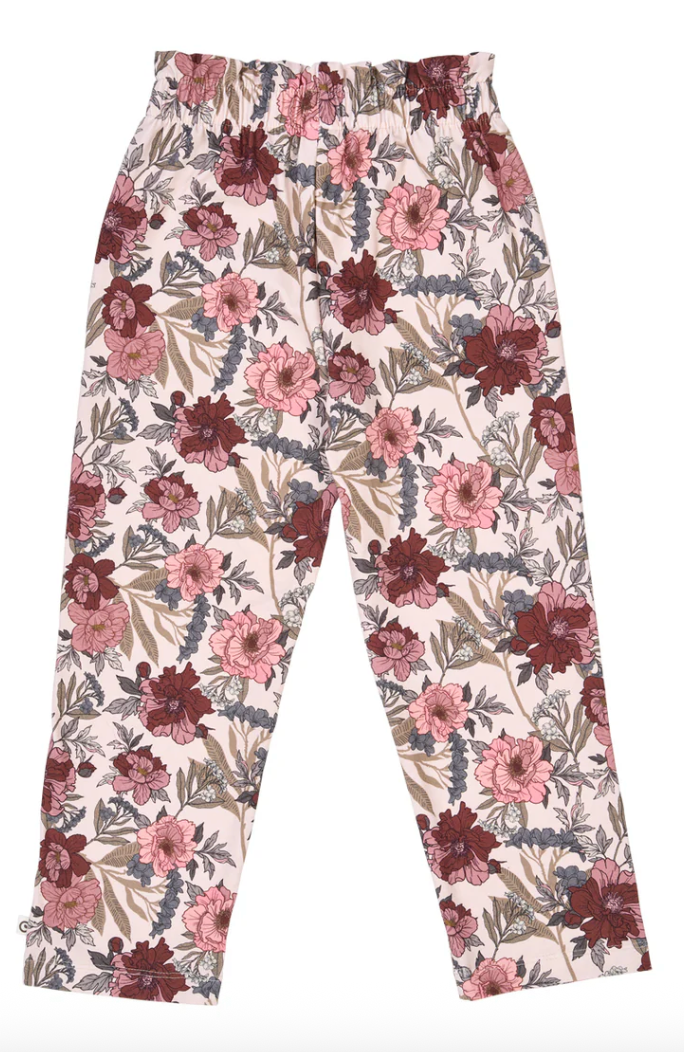 Back side view of Green Cotton Group floral patterned pants on a white background