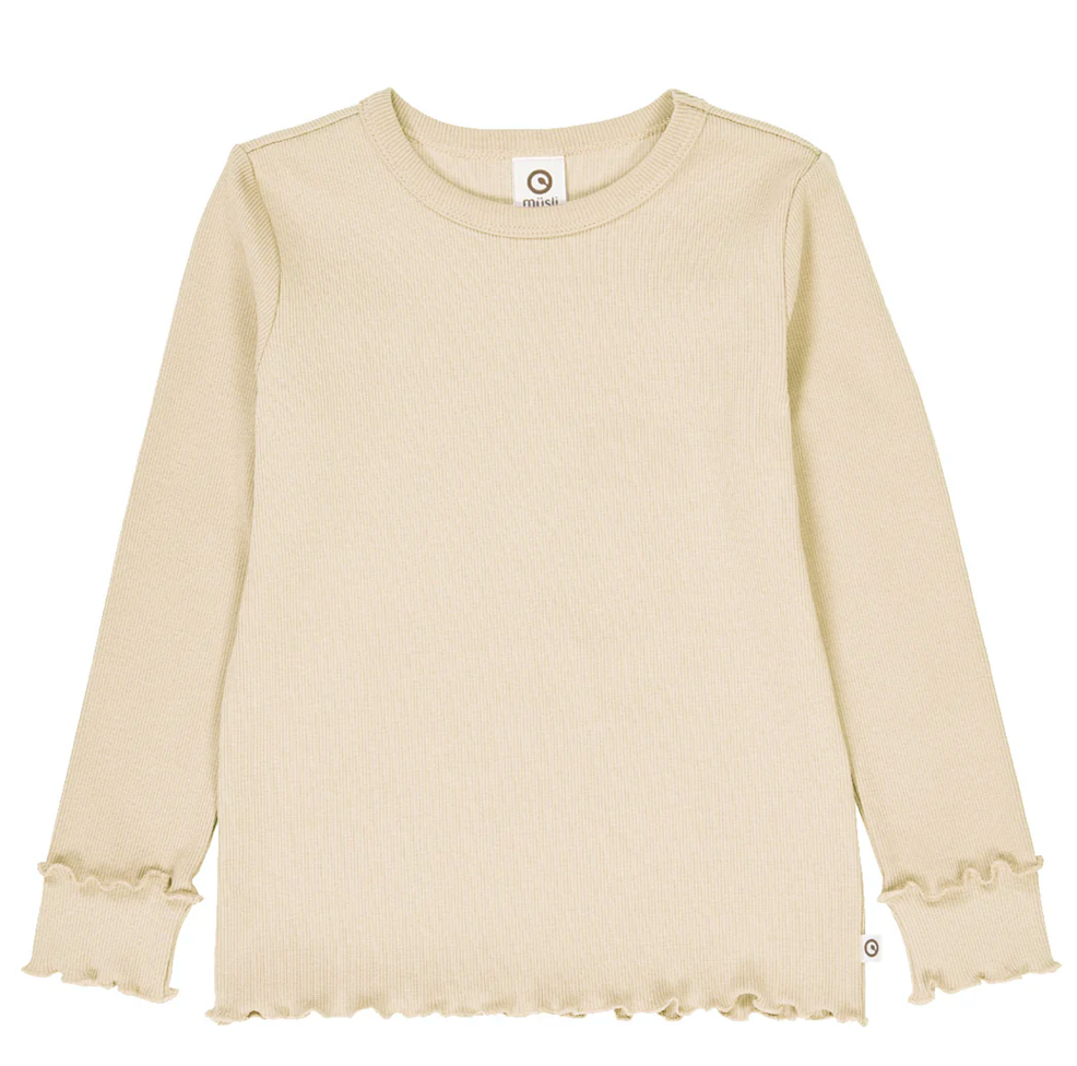 Green Cotton Group beige long-sleeve shirt with ruffled cuffs on a white background