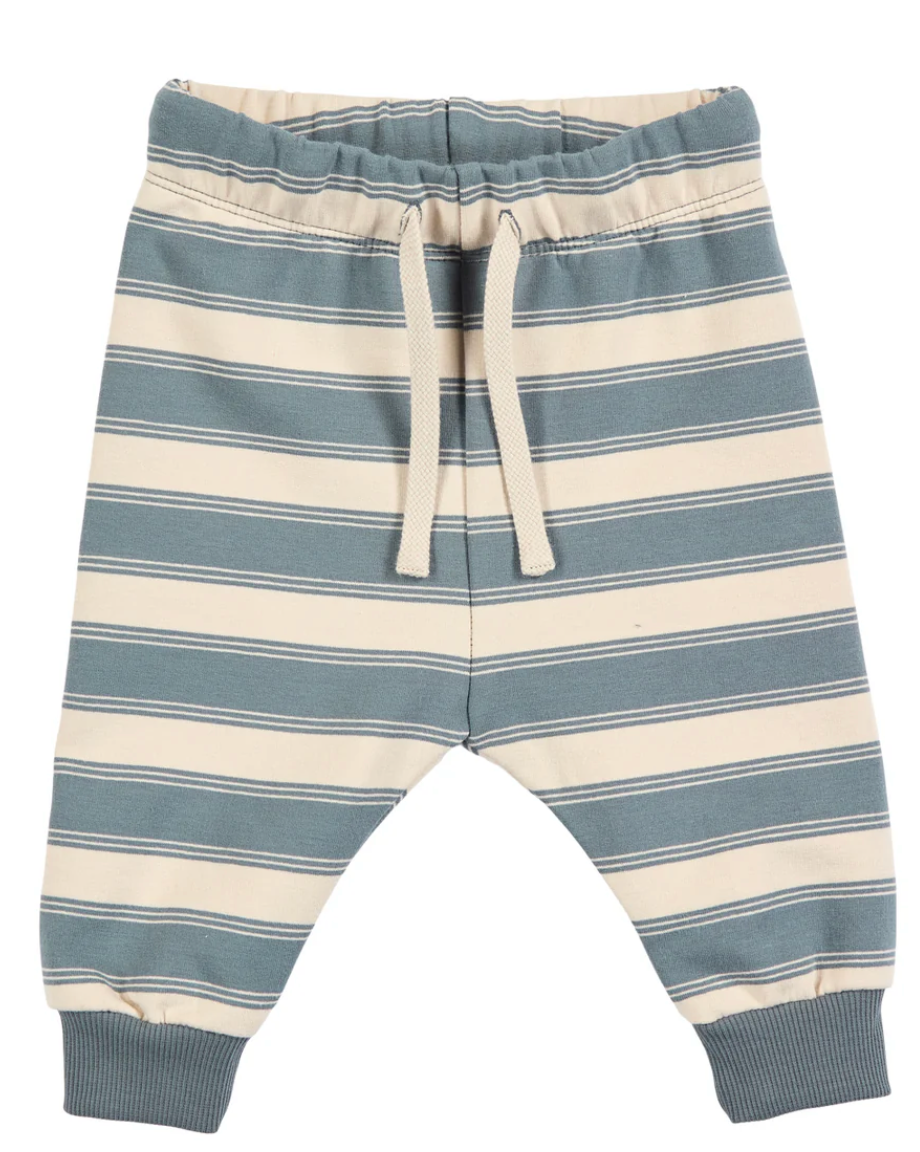 Green Cotton Group blue and white striped baby pants with drawstring on a white background