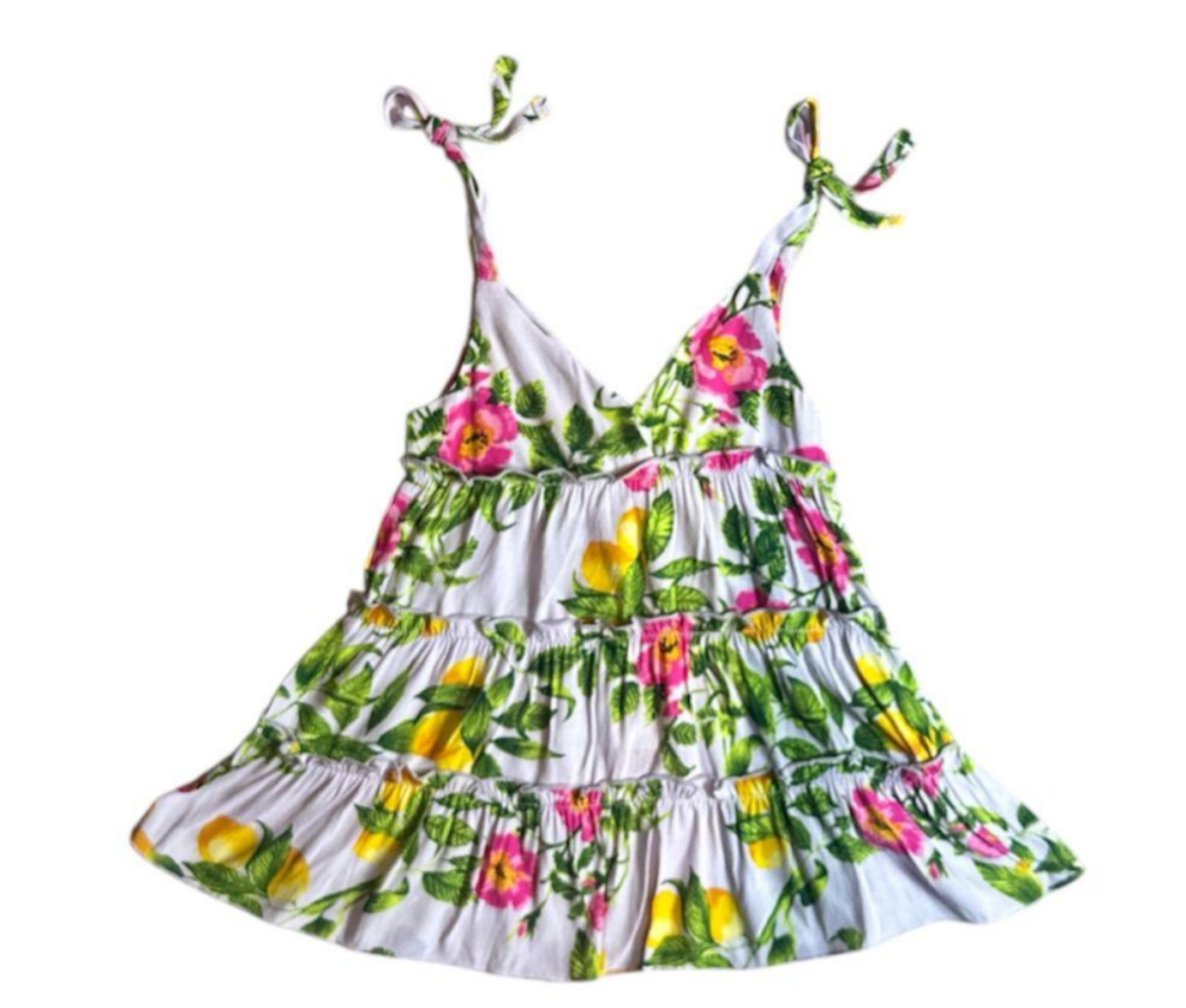 Floral dress with pink flowers and green leaves on a white background