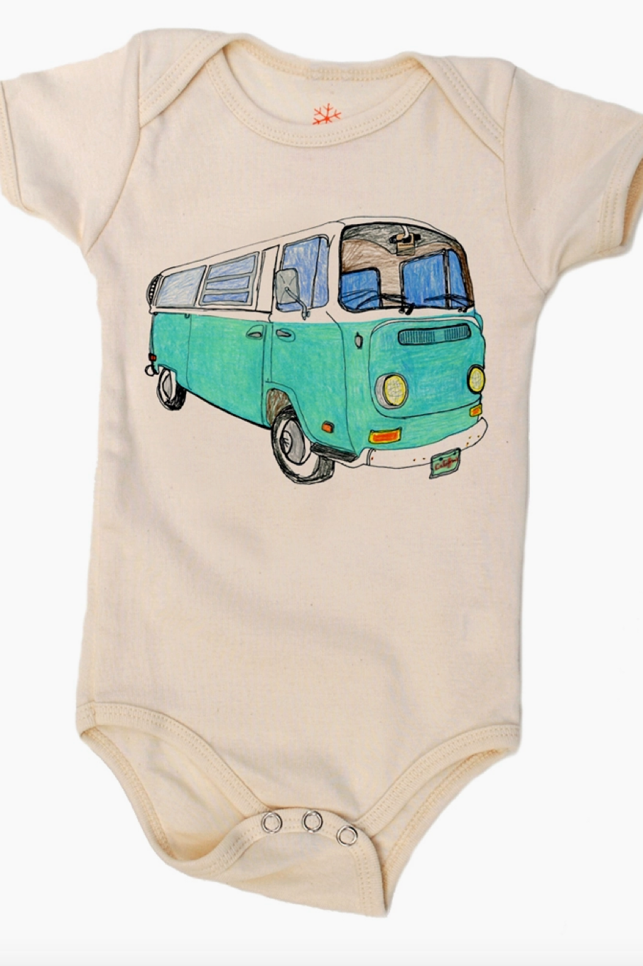 A beige organic cotton onesie with a graphic of a vintage van in green and blue.