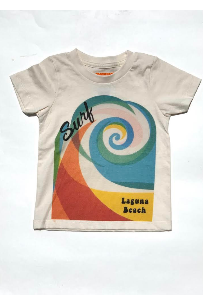 A natural beige colored Laguna Beach branded short-sleeved T-shirt with a graphic design of a spiral wave and the text 'Surf Laguna Beach' on it.