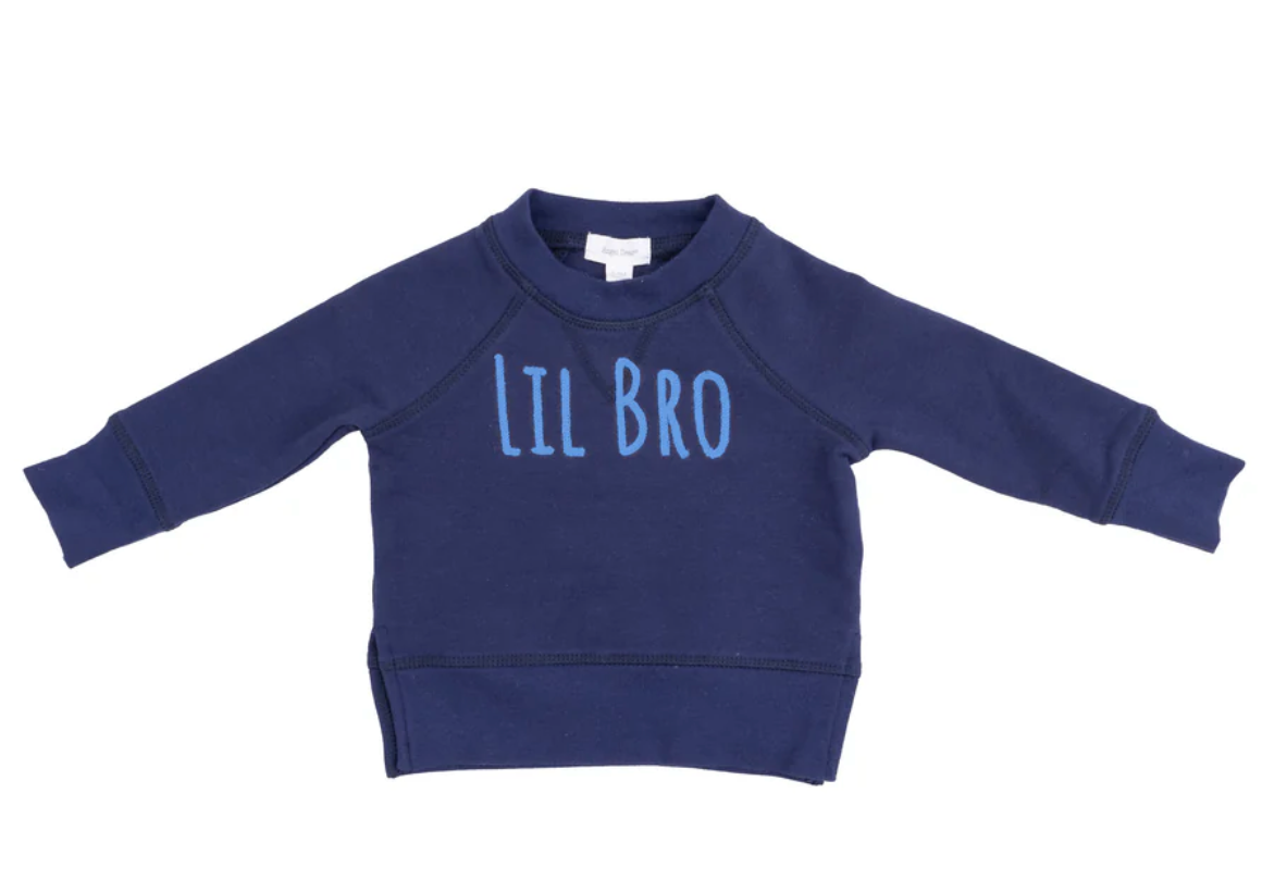 Navy blue sweatshirt with 'Lil Bro' embroidered in blue on the front.