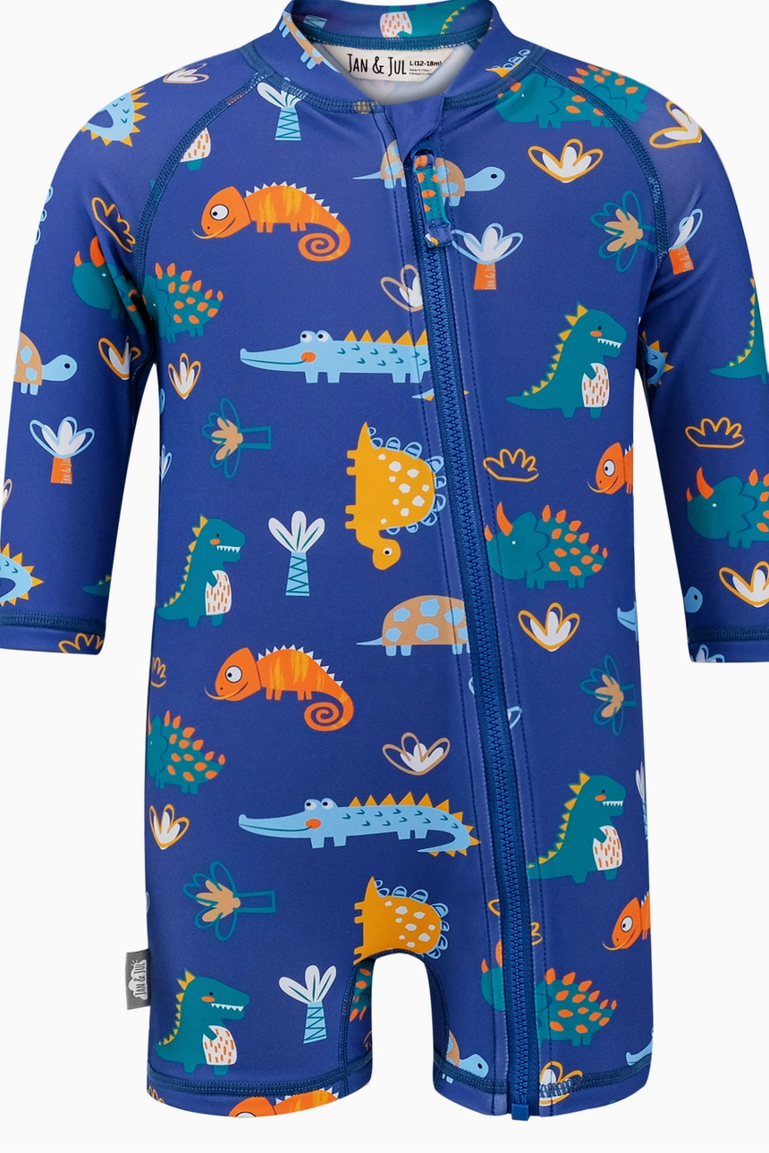 A long sleeve one-piece swimsuit for babies with a sun and splash design, featuring various colorful aquatic animals, and a full-length separating zipper.