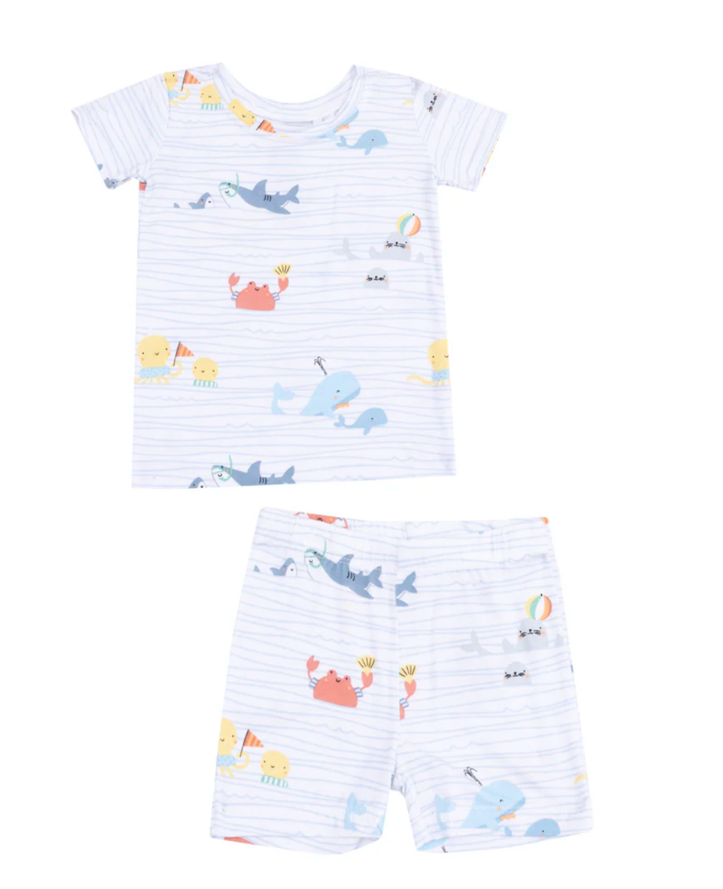 A loungewear short set for babies featuring a striped pattern with various illustrations of sea creatures such as crabs and fish.