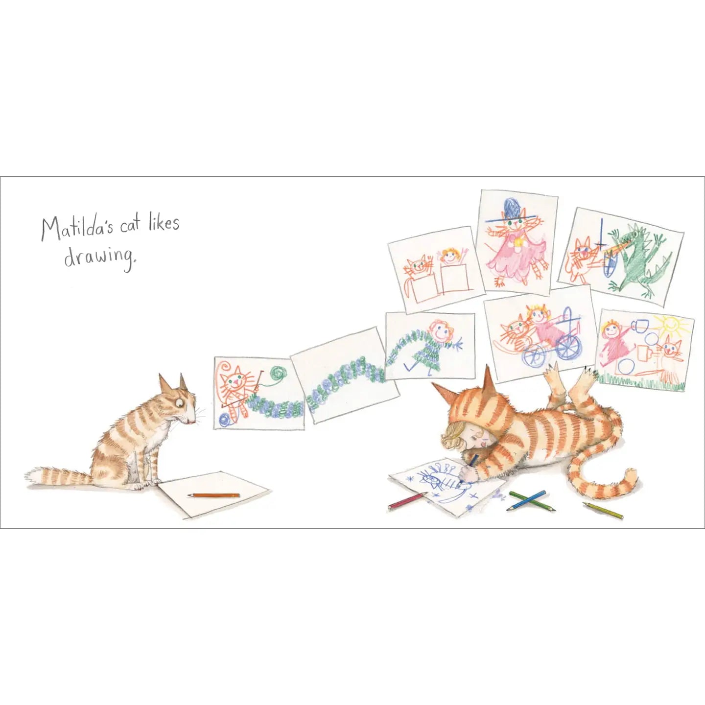 Illustration of a cat drawing with various drawings on a white background