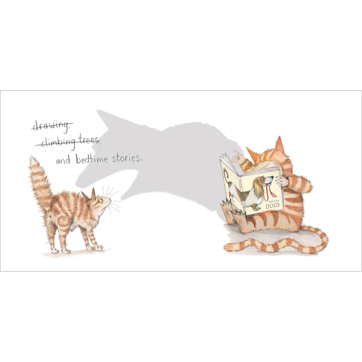 Illustration of a cat reading a book to another cat with text on a white background