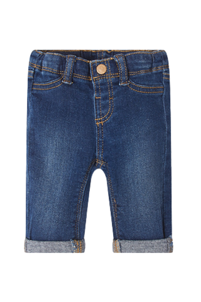 A pair of blue denim baby trousers with mock front pockets and a functional back pocket, designed for newborn boys.