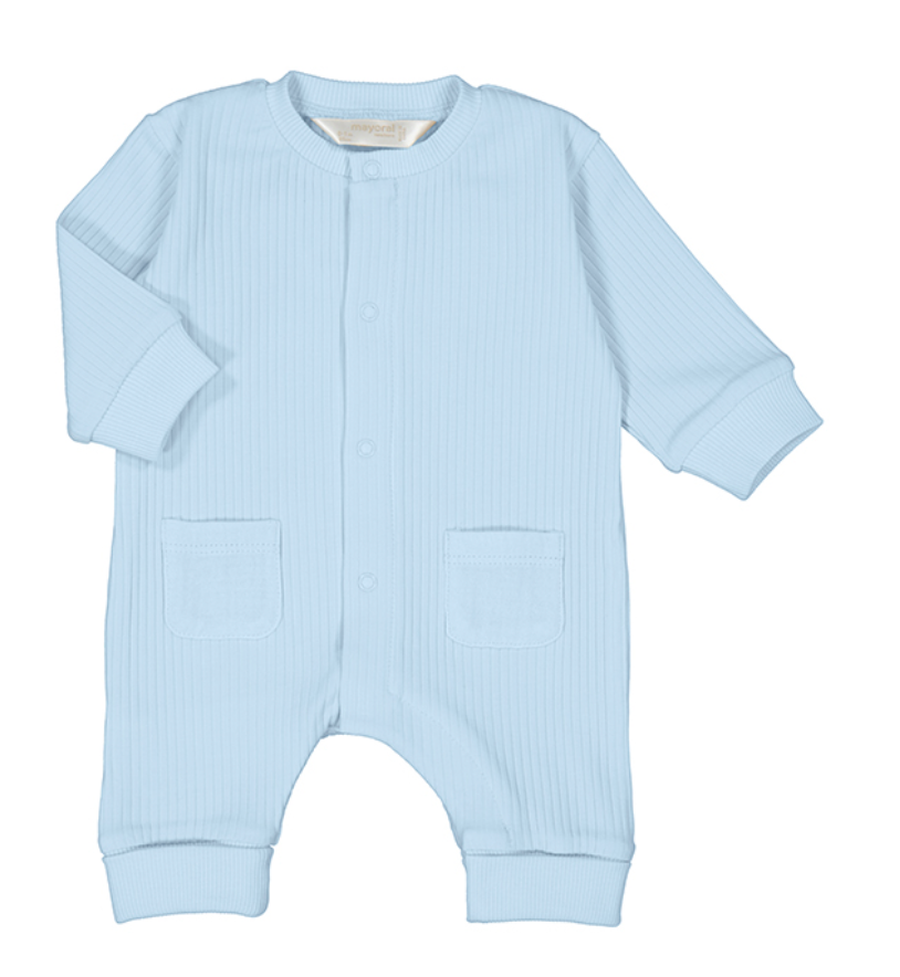 Mayoral baby blue ribbed romper with snaps along the front and between the legs, featuring a bear applique on the back.