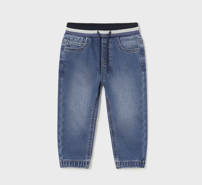 A pair of Mayoral blue denim joggers with a drawstring waistband for children.