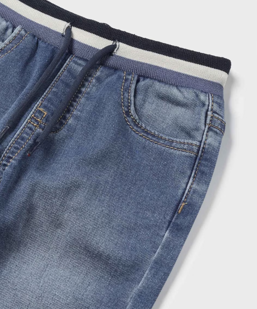 Close up of Mayoral denim blue jogger
