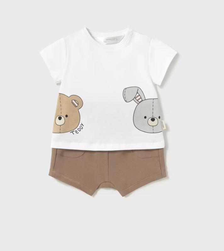 A Mayoral baby outfit set with a white t-shirt featuring teddy bear prints and brown shorts with an elastic waistband and pockets.