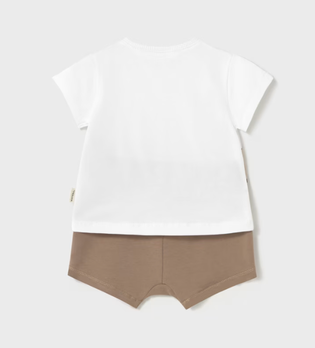 Backside of a Mayoral baby outfit set with a white t-shirt featuring teddy bear prints and brown shorts with an elastic waistband and pockets.