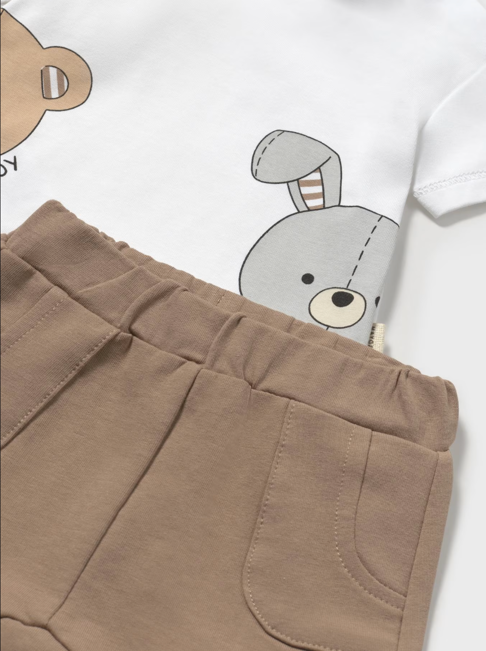 Close up view of Mayoral baby set with white t-shirt with bear print and brown shorts