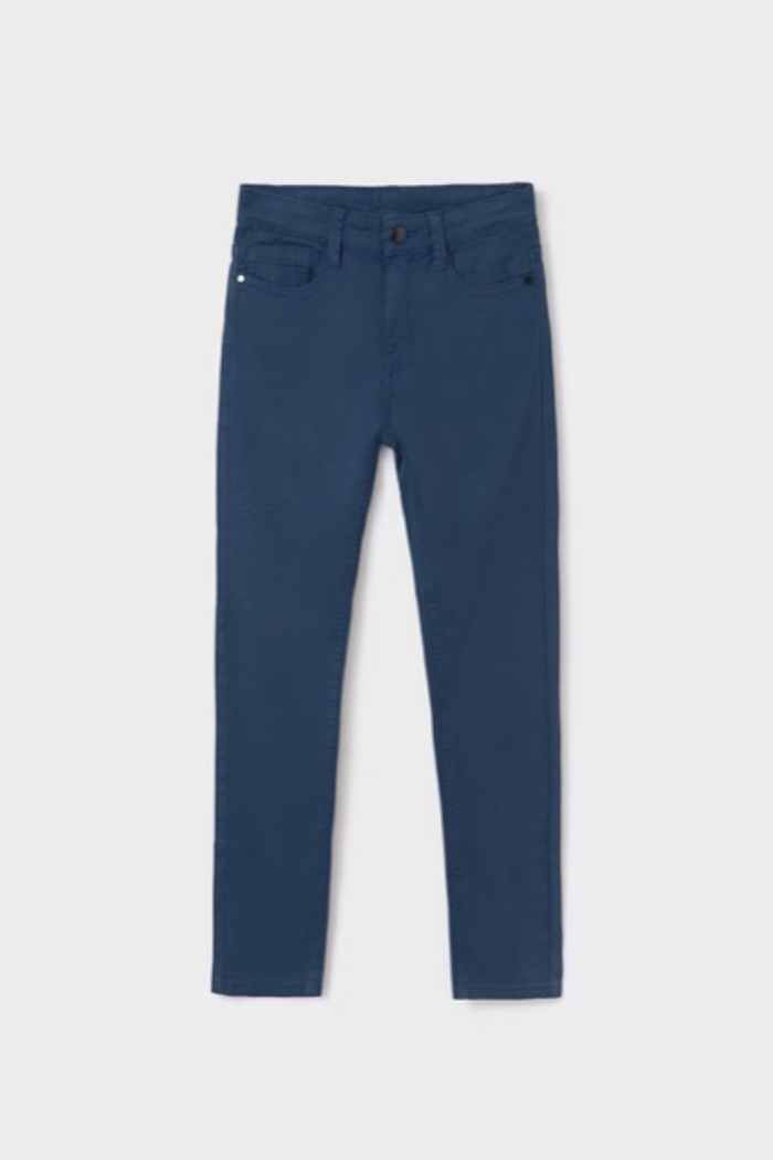 A pair of navy blue slim fit jeans for boys, with a button and zip closure and an adjustable elastic waistband.