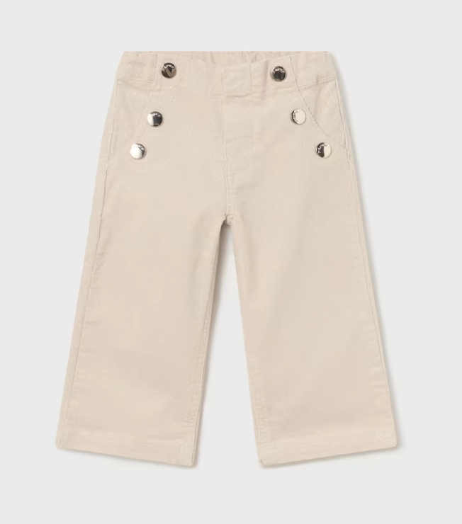 A pair of Mayoral beige sparkle pant with buttons on the front and adjustable waistband