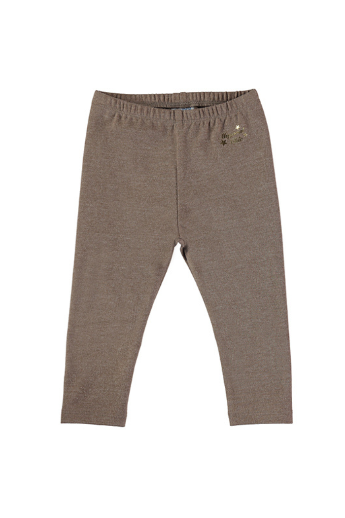 A pair of Mayoral brown baby leggings with an elastic waistband, made from a blend of polyester, cotton, and elastane.