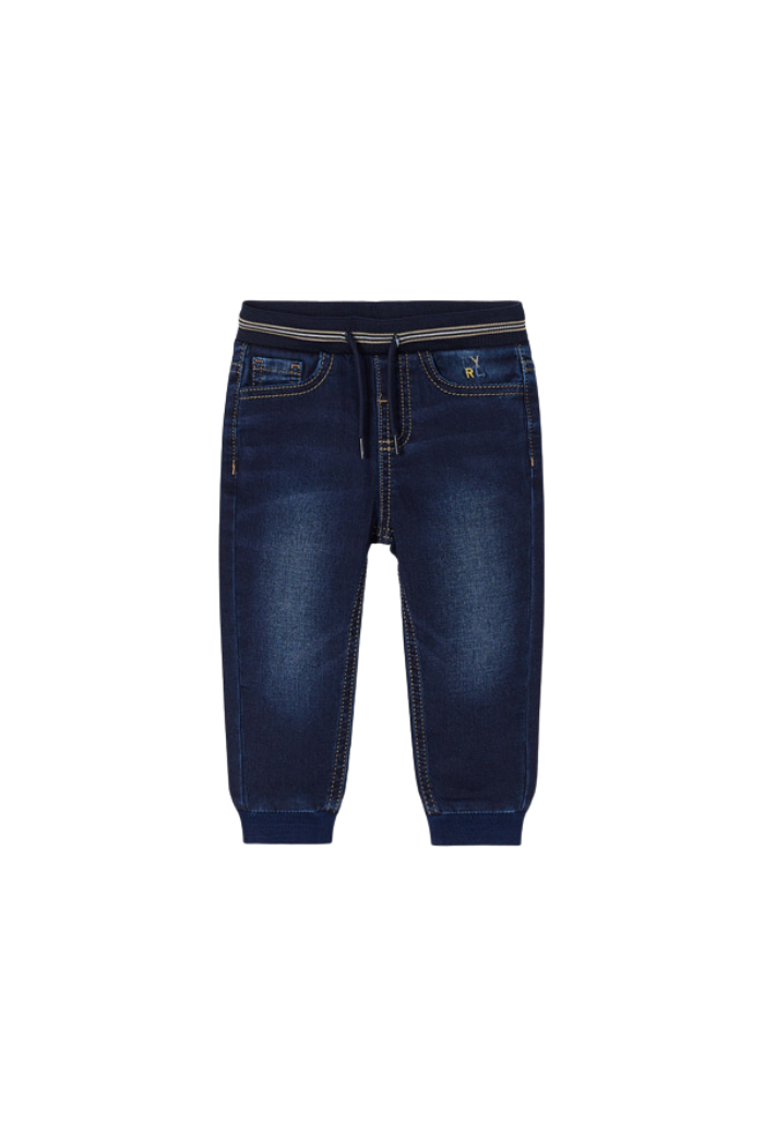 A pair of Mayoral blue denim joggers with an elastic waistband and five pockets.