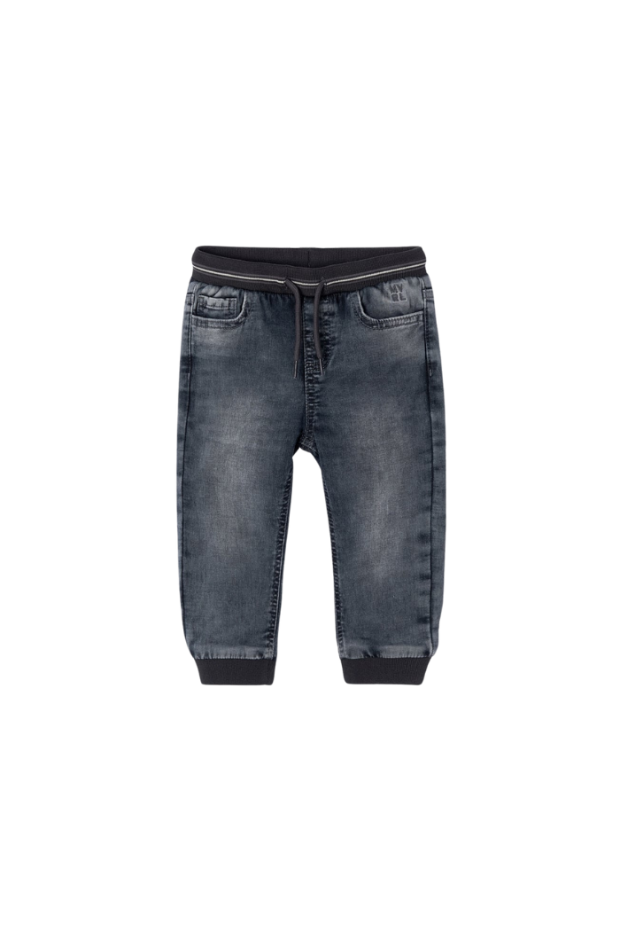 A pair of Mayoral Grey denim joggers with an elastic waistband and five pockets.
